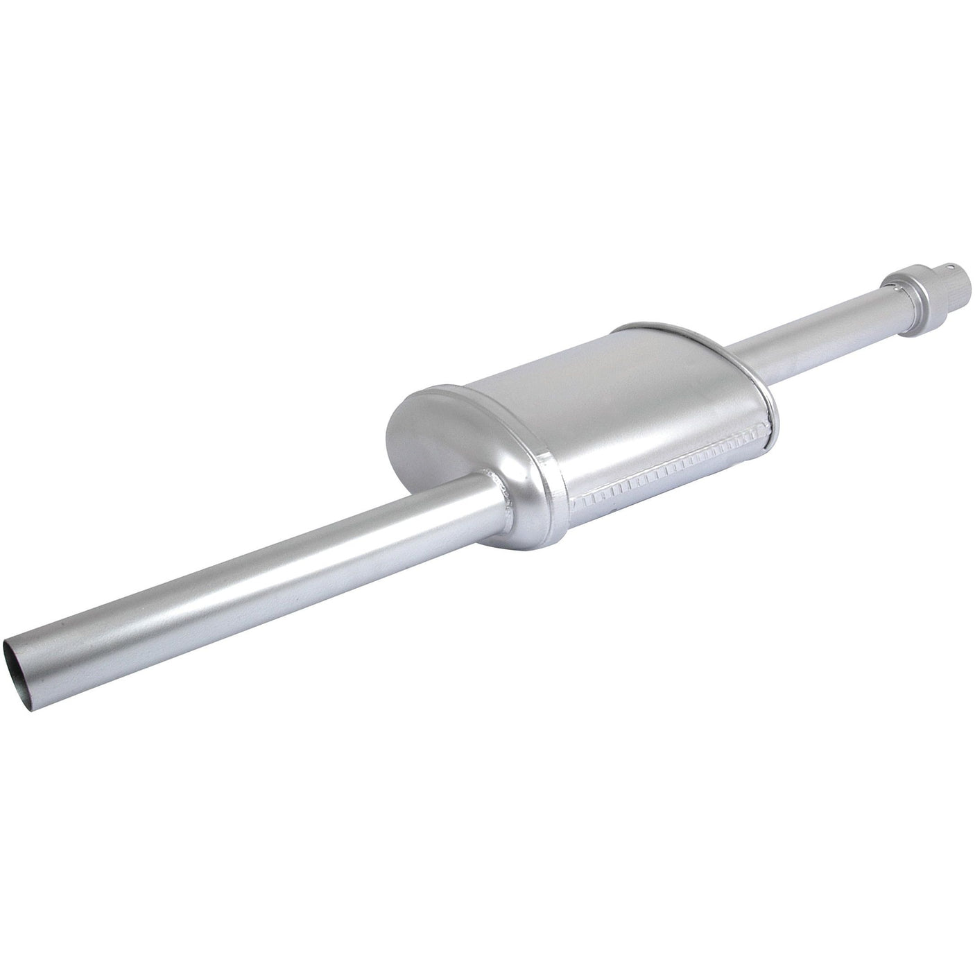 Introducing the Sparex Silencer - Vertical - S.67574: a metallic aluminium silencer with an extended pipe on both ends, expertly designed to reduce noise from your vehicle's engine.