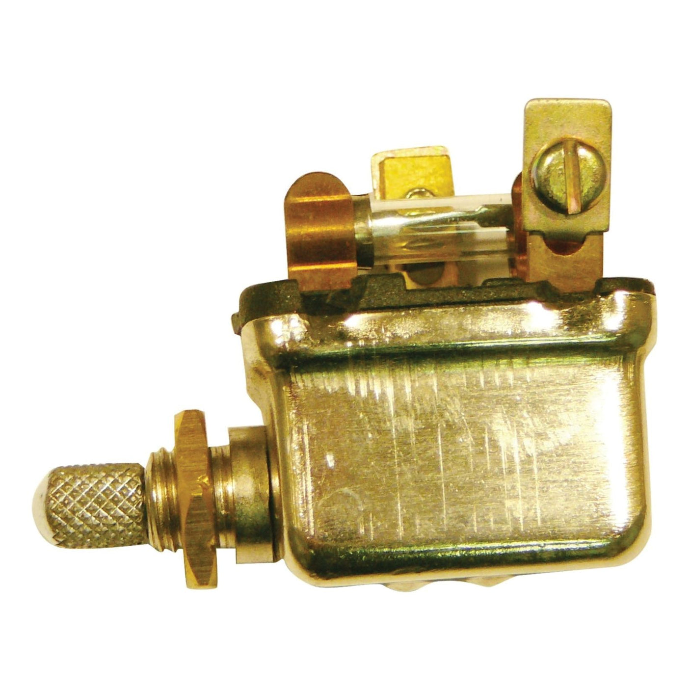 The Sparex Light Switch (Part No. S.67593) from Sparex is a brass-colored metal electrical component that features a screw terminal on top and a textured adjustment knob on the side, resembling the functionality of a vintage light switch.