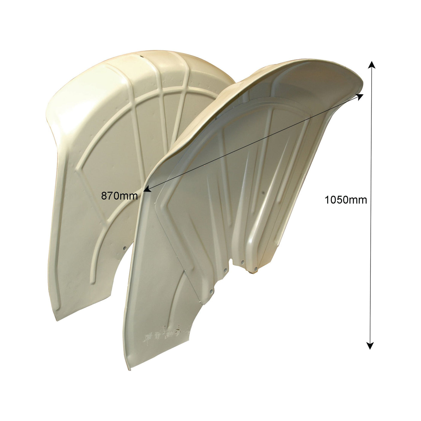 Two large curved, white plastic Fender Sets (RH & LH) with measurements noted. Width: 870mm; Height: 1050mm. Perfect for your David Brown restoration project, these Sparex quality panels (Part No.S.67602) ensure a sleek finish.