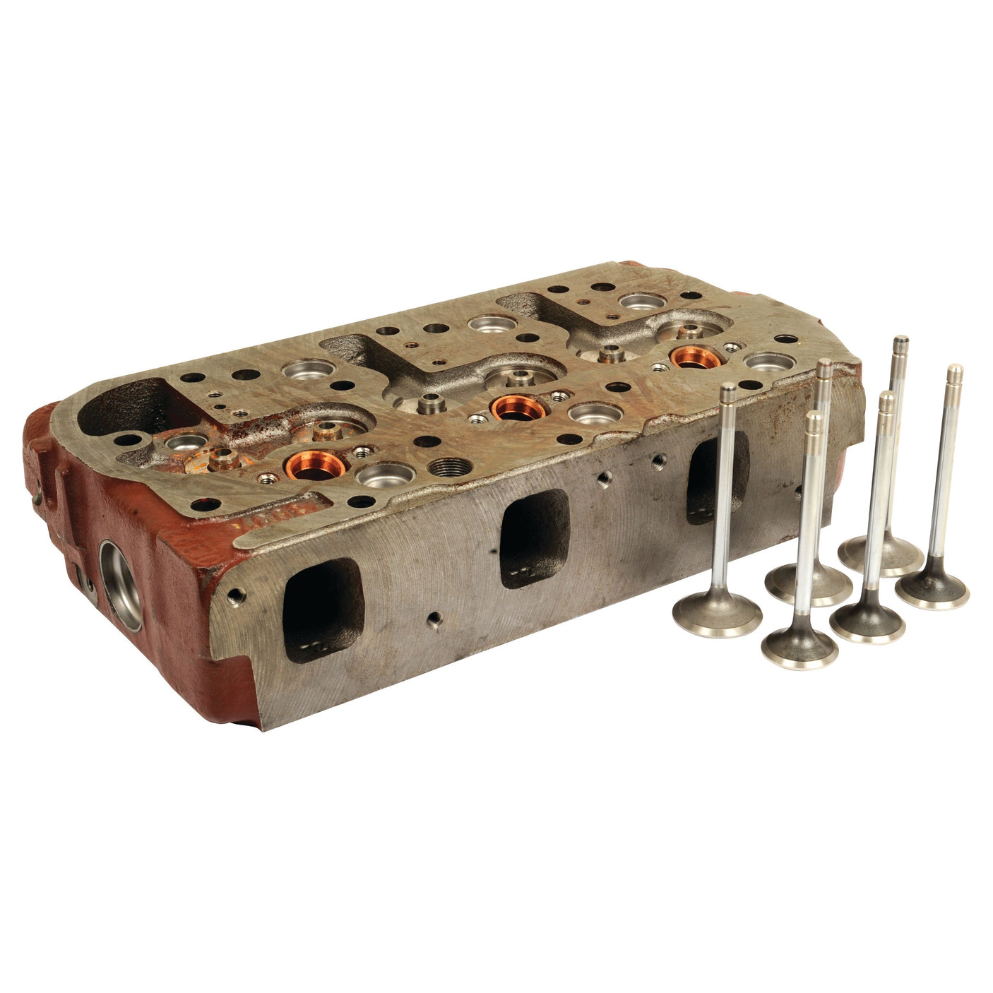 A detached Cylinder Head Assembly - S.67611, compatible with Engine Model 8035.05 and produced by Sparex, rests on a white surface, accompanied by five separate valves. This 3 Cyl cylinder head features multiple openings and intricate metal components.