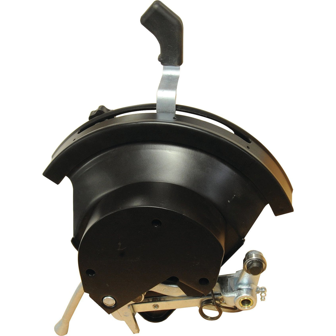 A black, rounded mechanical device with a lever handle, featuring various metal components and a spring at the base—perfect for those needing the Hydraulic Quadrant Assembly (Sparex Part No. S.67619) by Sparex for Fiat machinery.