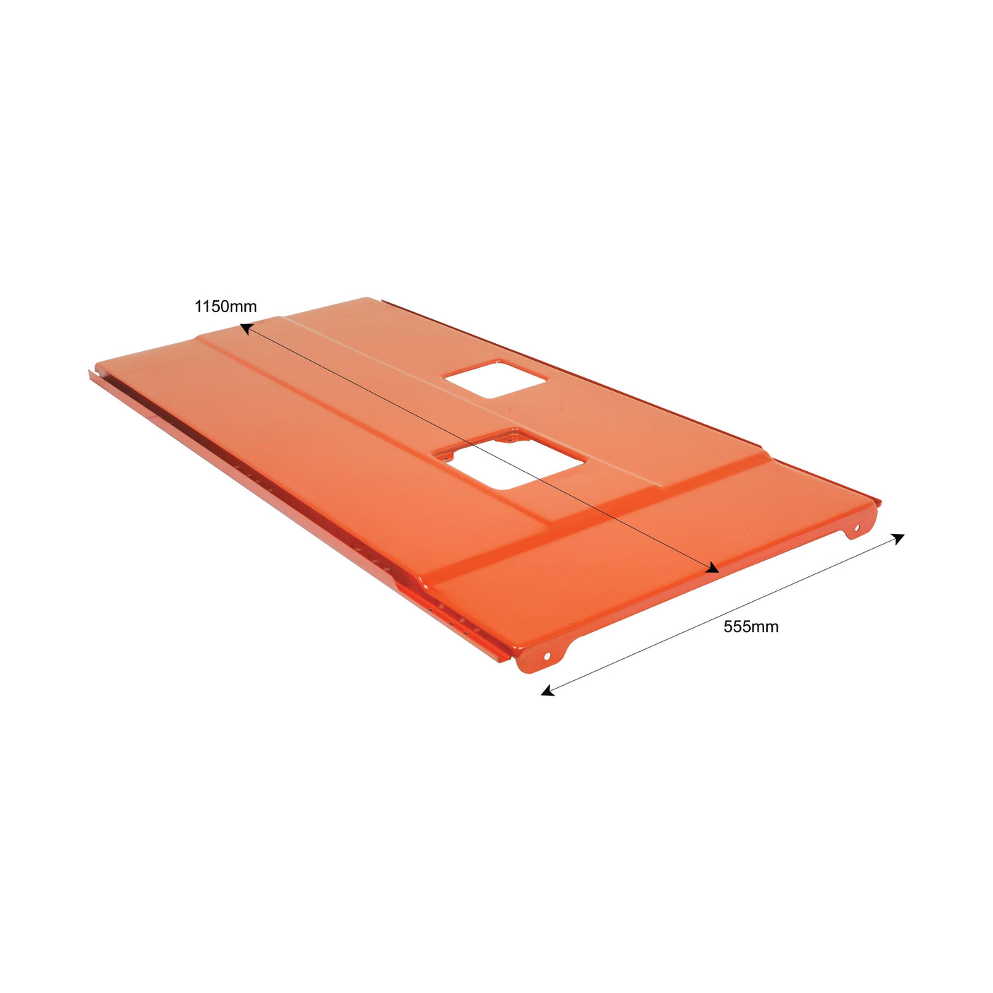 Sparex Bonnet (Part No. S.67622), an orange metal panel with dimensions 1150mm in length and 555mm in width, featuring two rectangular cutouts, is designed specifically for Fiat 70-90 models.