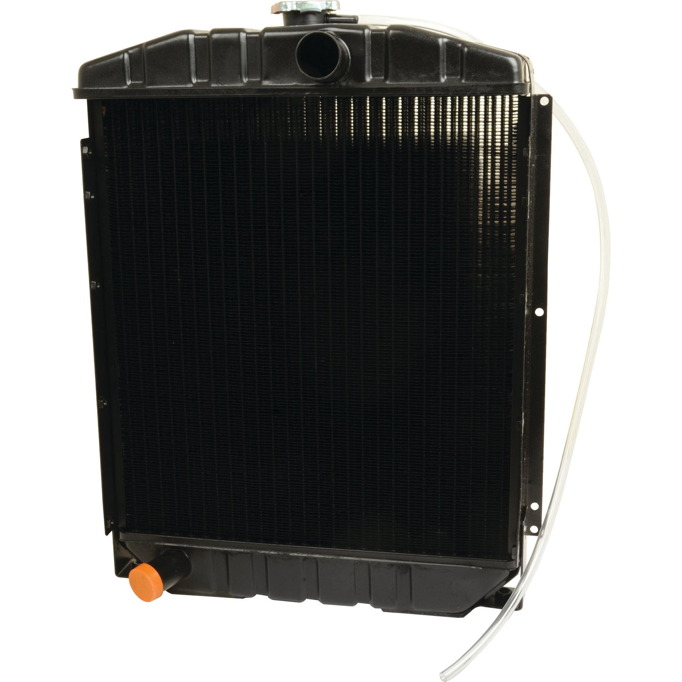 The Radiator - S.67625 by Sparex, a black radiator complete with a cap and hose for engine cooling, stands out among automobile parts.