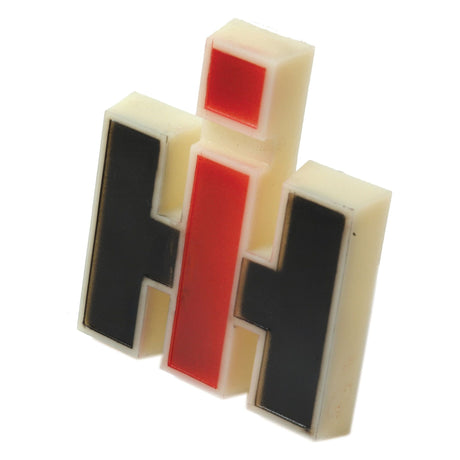 An abstract design featuring a white "H" with a black outline, mirrored on either side of a central red rectangular shape, reminiscent of the classic International Harvester logo, as seen in the Sparex Emblem for Case IH (Sparex Part No. S.67633).