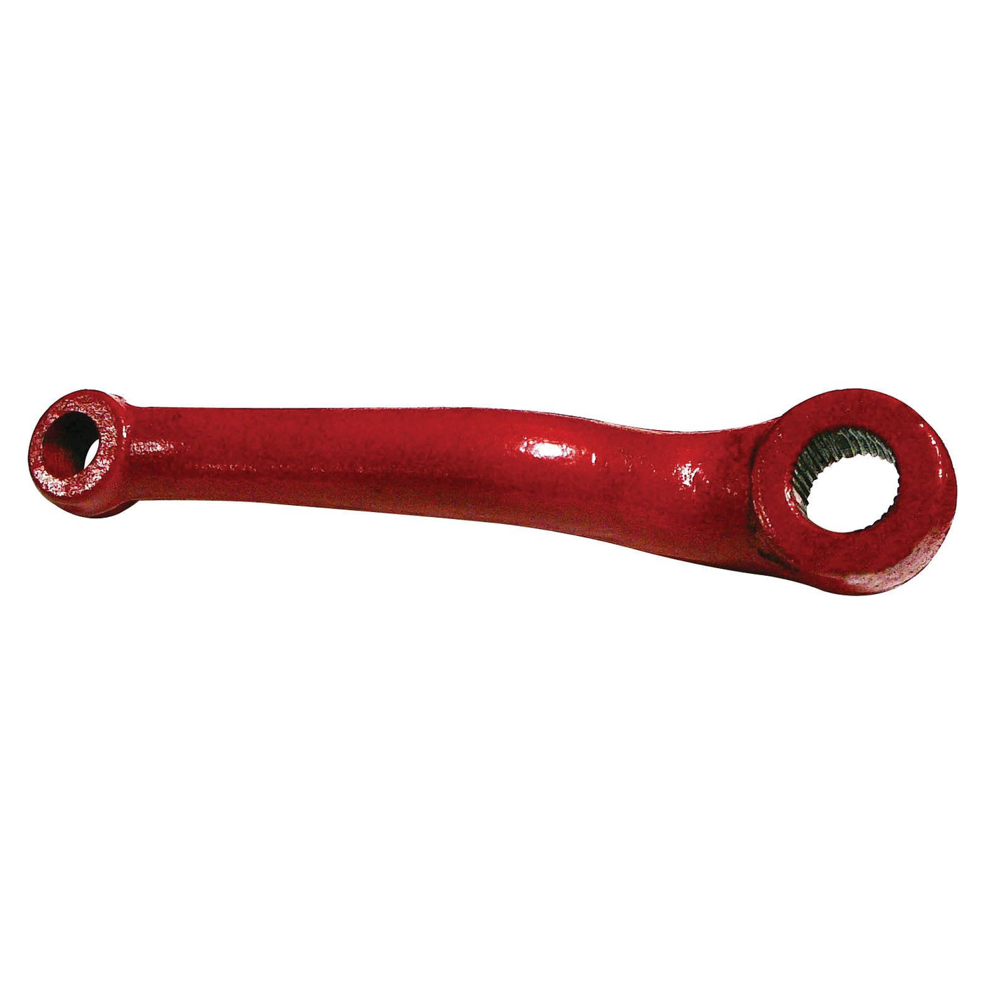 A *Sparex Steering Arm (2WD) | Sparex Part No.S.67635* in red metal, featuring a hole at each end, lies against a white background.