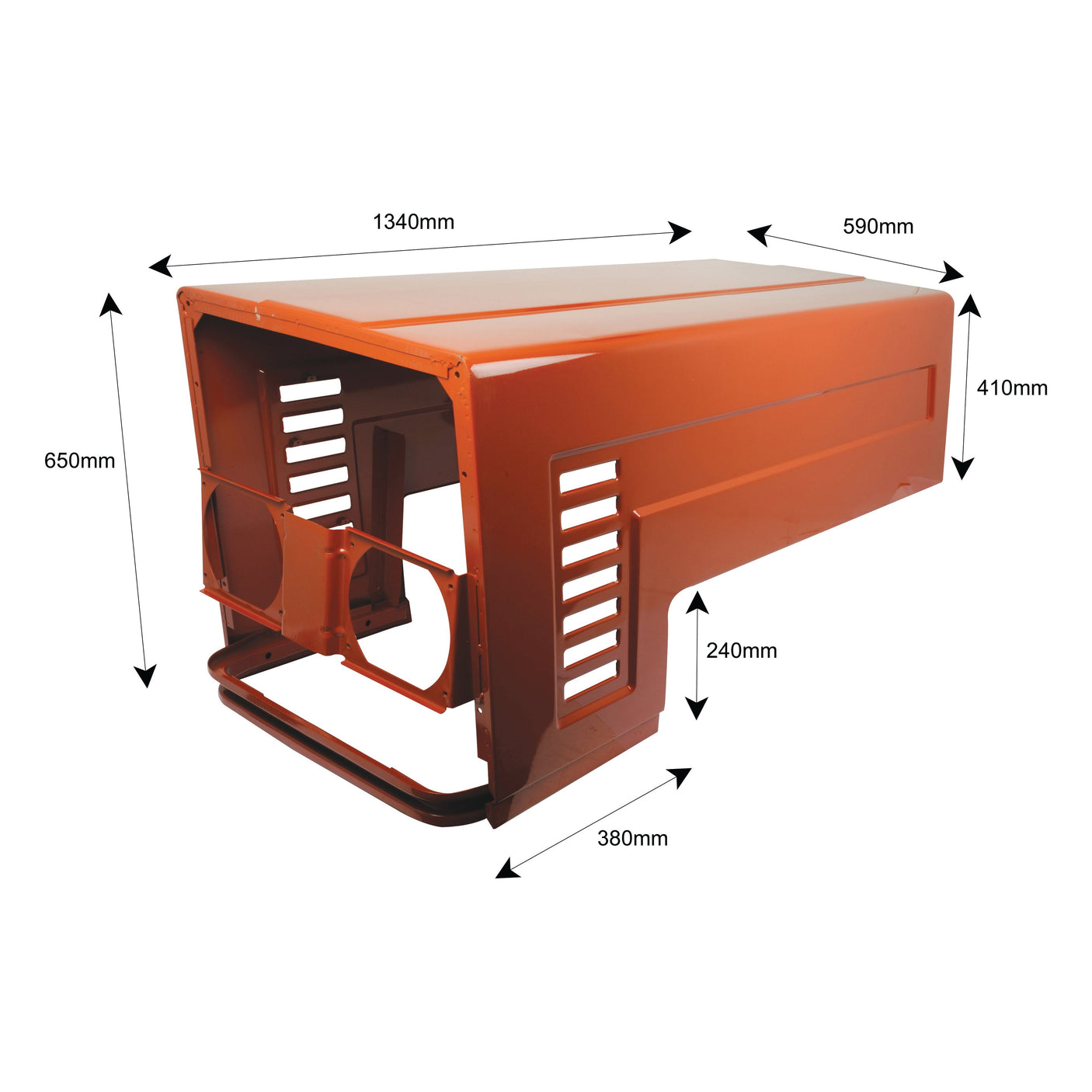 The Sparex Bonnet Assembly, also known as Sparex Part No. S.67658, is a metal structure with precise dimensions of 1340mm in height, 590mm in width, and 410mm in depth. Additional measurements include 650mm by 240mm by 380mm. This orange Case IH structure features vented sides and an open front, making it perfect for use in bonnet assemblies.