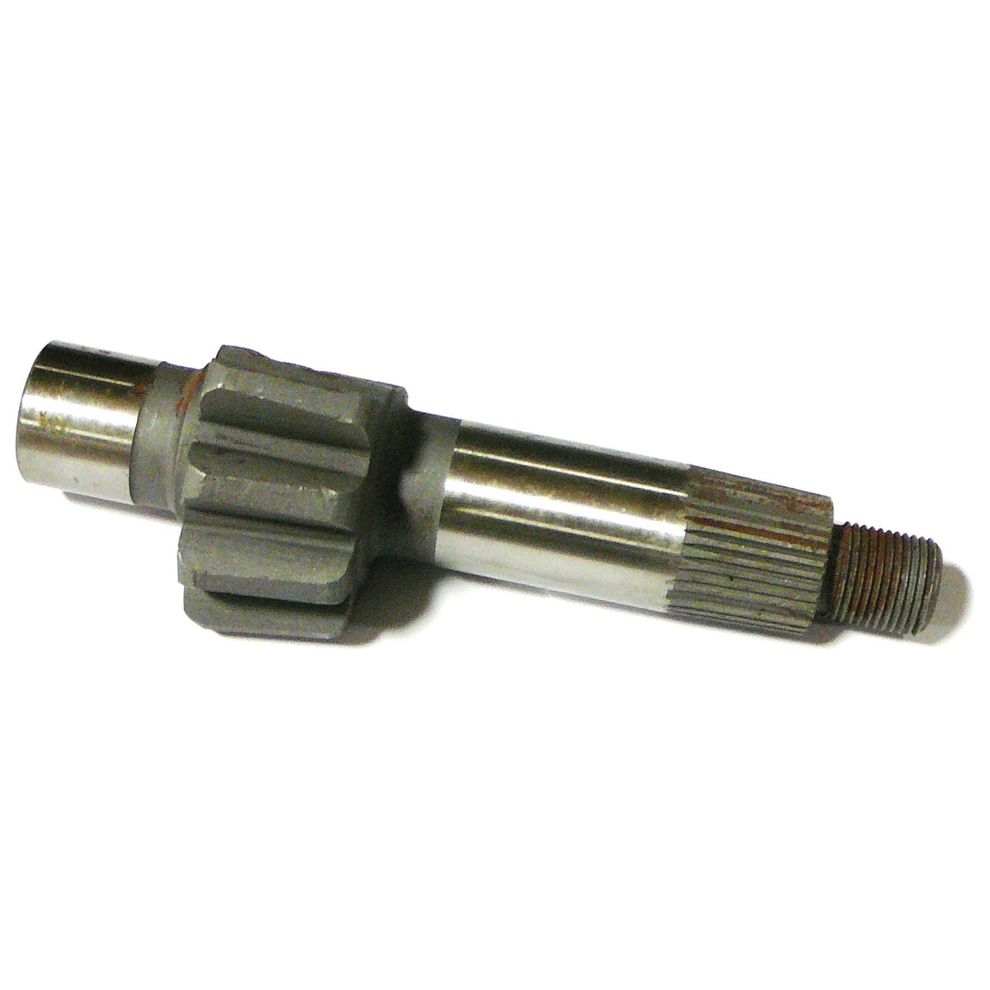 A close-up of the Sparex Steering Sector (Sparex Part No. S.67670) metal pinion gear, which has a cylindrical shape with gear teeth in the middle, a smooth section, and a threaded end.