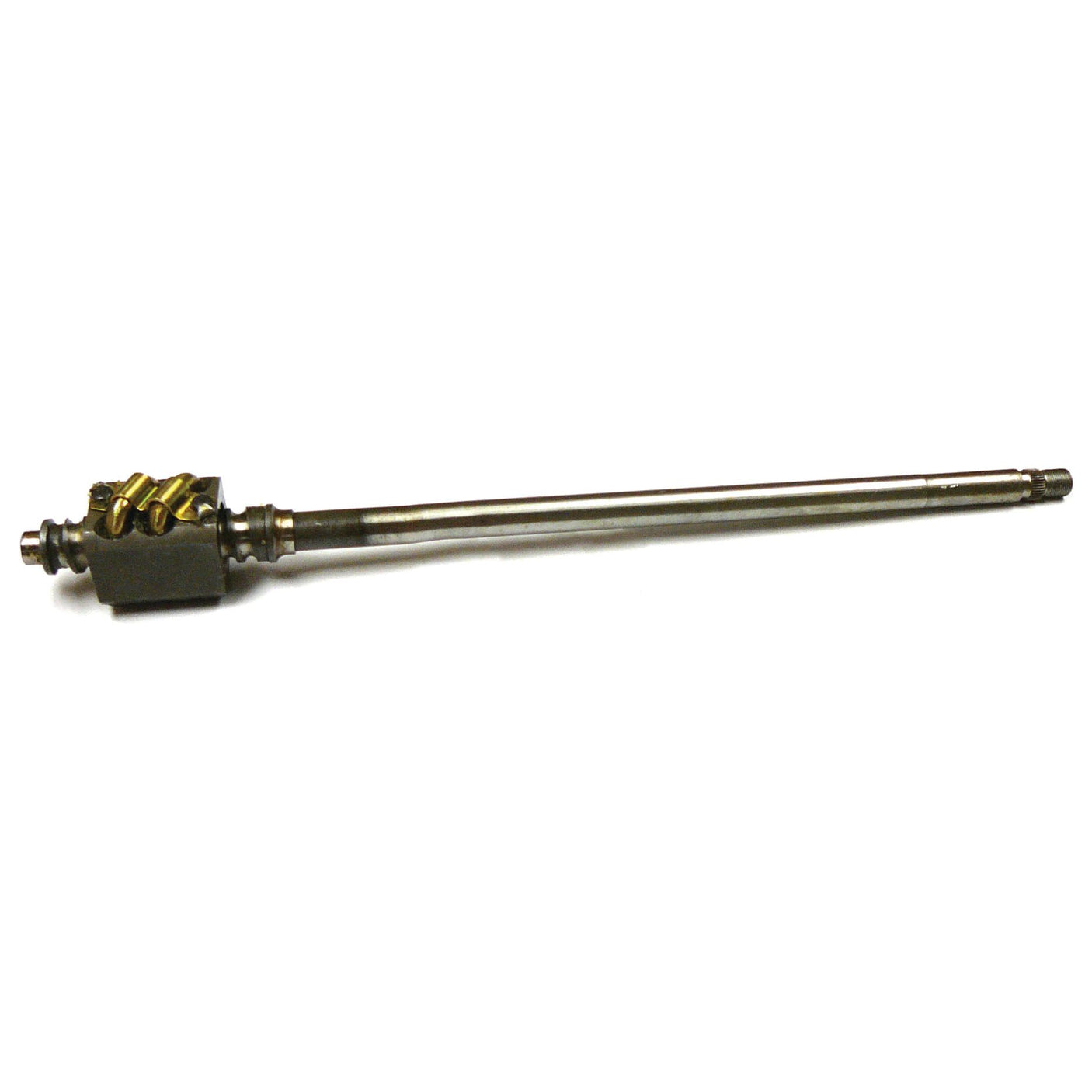 The Steering Shaft (Sparex Part No. S.67674) by Sparex is a metal worm gear shaft featuring helical gears on one end and a long, slender steering shaft extending from the other, making it ideal for Ford and New Holland applications.