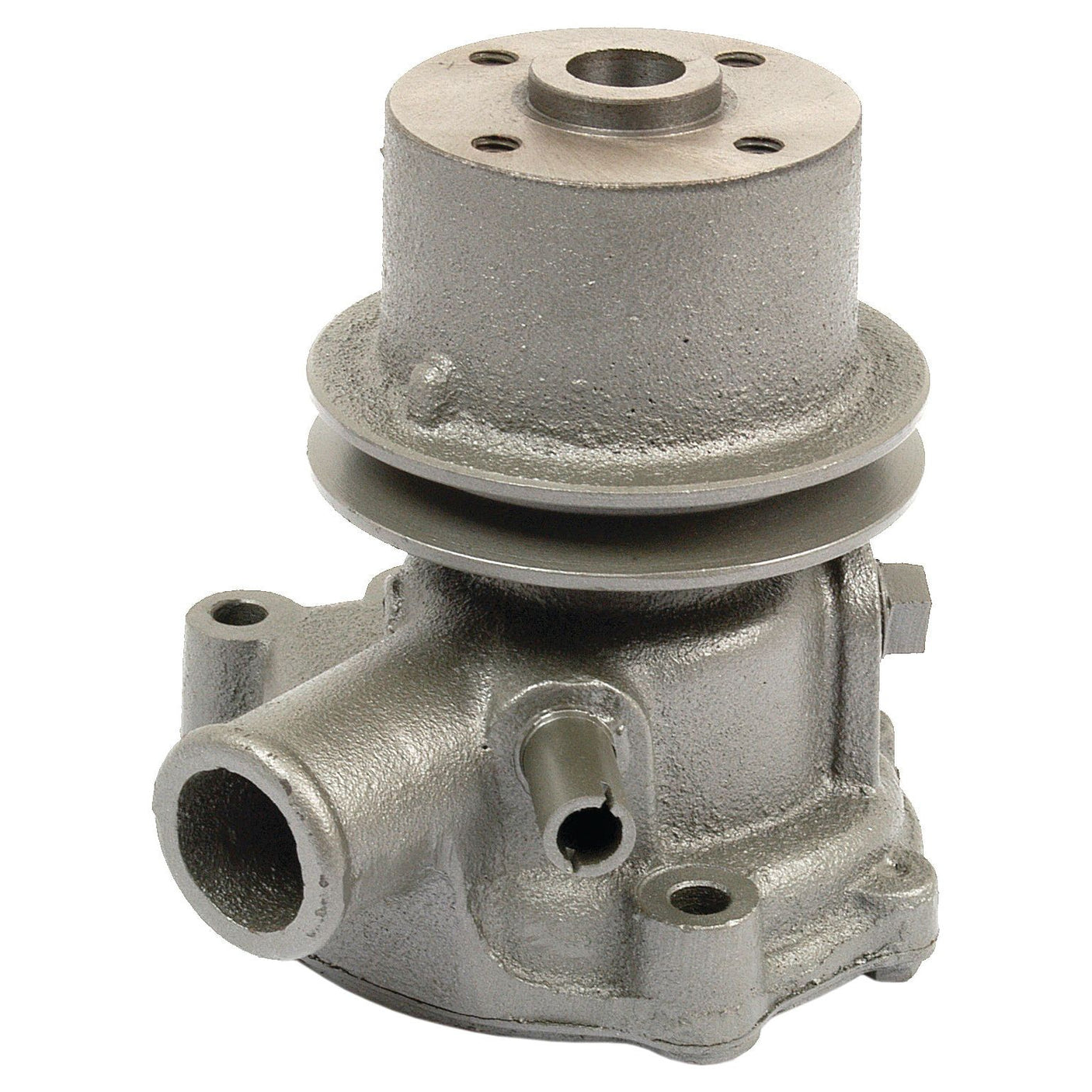 A grey metal Water Pump Assembly (Supplied with Pulley) - S.67682 by Sparex, featuring an inlet and outlet and seen from an angle, with a single groove impeller.