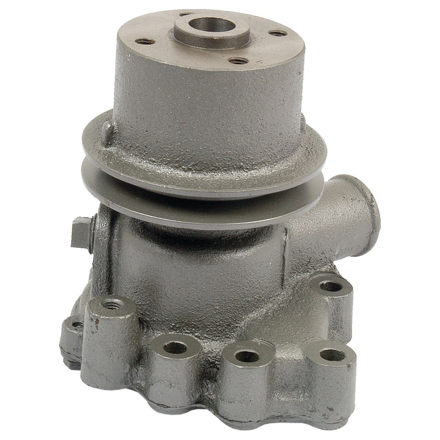 A Sparex Water Pump Assembly (Supplied with Pulley) - S.67682 is a metal mechanical component with a cylindrical top and a base featuring multiple holes and mounts, resembling a single groove impeller design.