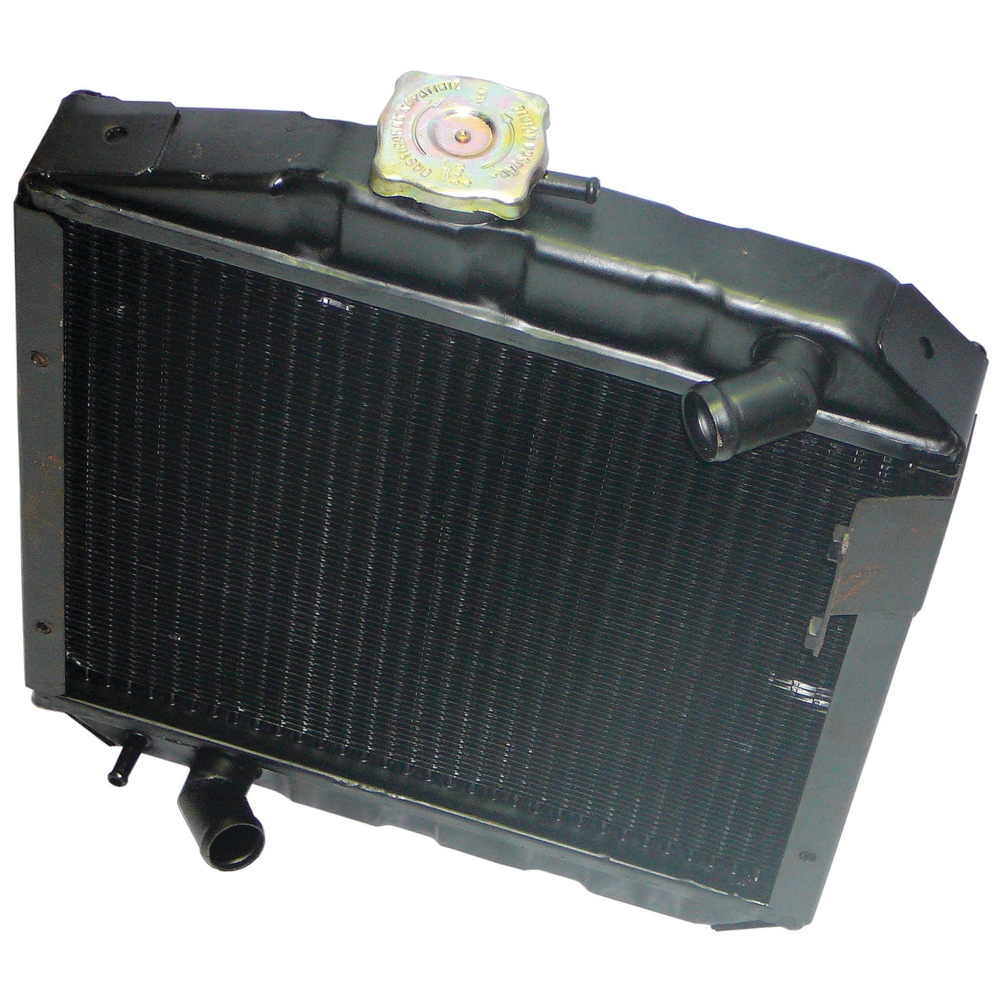 A black 3 Row Radiator - S.67725 by Sparex, complete with a metal cap and an attached hose outlet, designed for cooling the engine.