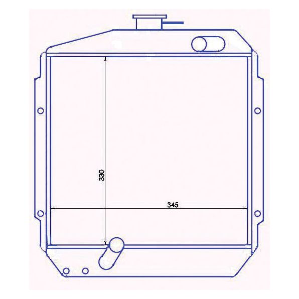 Technical drawing of a square container with measurements labeled as 390 units in height and 345 units in width, featuring a Sparex Radiator - S.67727 cap positioned on top.