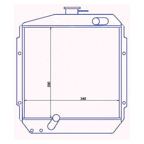 Technical drawing of a square container with measurements labeled as 390 units in height and 345 units in width, featuring a Sparex Radiator - S.67727 cap positioned on top.