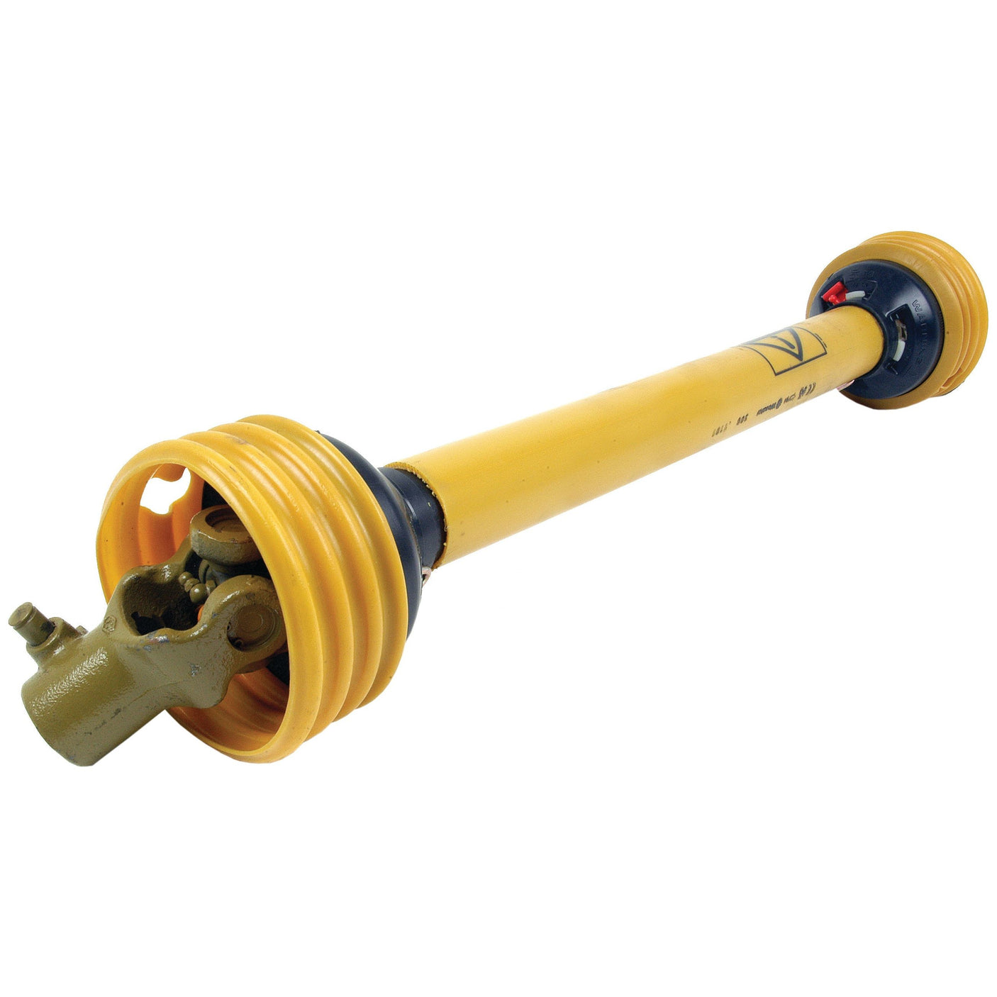 Sparex PTO Shaft - (Lz) Length: 510mm, 1 3/8'' x 6 Spline Q.R. to Vicon 30mm Pinhole Yoke - S.6773 for agricultural or industrial machinery, featuring protective plastic guards and universal joints on both ends. This German Series AW10/W2100 shaft delivers 15HP @ 540RPM, ensuring reliable performance.