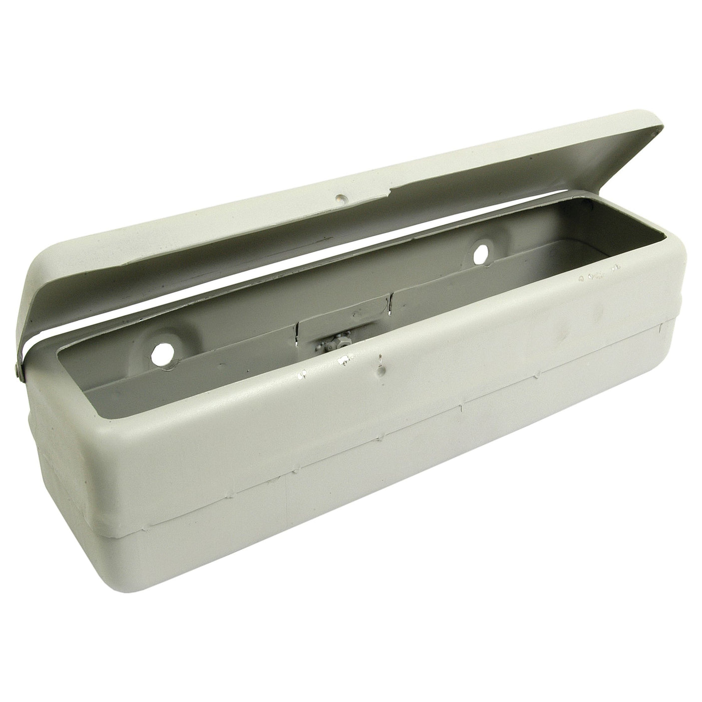 A white, rectangular, wall-mounted metal Tool Box | Sparex Part No. S.67790 by Sparex, featuring an open hinged lid and two mounting holes on the back.