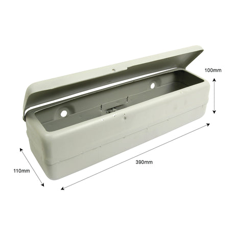 The Sparex Tool Box (Part No. S.67790) is a rectangular gray plastic toolbox with a hinged lid, measuring 390mm in length, 110mm in width, and 100mm in height. It is ideal for storing tools on your Ford or New Holland equipment.