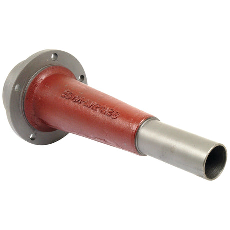 The Main Drive Housing, Sparex Part No. S.67801 by Sparex, is a metal pipe adapter with a red body and silver extensions. It features a flange on one end and a cylindrical opening on the other, with text engraved on the red body. Designed for compatibility with Ford/New Holland machinery, it has a length of 925mm.