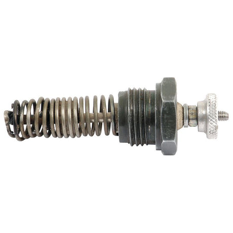 The image depicts the Glow Plug - S.67802 from Sparex, featuring a metal bolt with an attached spring and a knurled adjustment knob, highlighting its precise thread size for accurate adjustments.