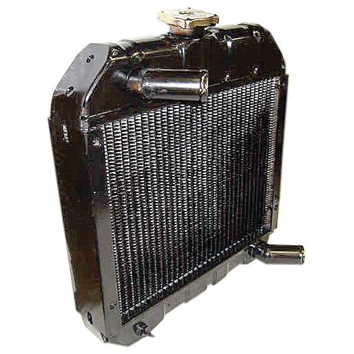 A black automotive radiator by Sparex, the Radiator - S.67821, features a metal grid design, two pipe connectors, and is compatible with a matching radiator cap.