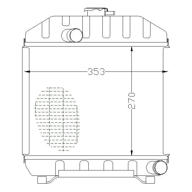 Technical drawing of the Radiator - S.67822 by Sparex, a rectangular liquid container with dimensions labeled. The overall height is 270 units, and the overall width is 353 units. A radiator cap and pipes are visible on the top and bottom right sides.