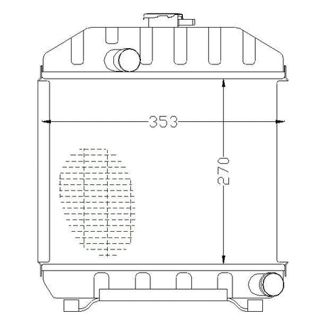 Technical drawing of the Radiator - S.67822 by Sparex, a rectangular liquid container with dimensions labeled. The overall height is 270 units, and the overall width is 353 units. A radiator cap and pipes are visible on the top and bottom right sides.