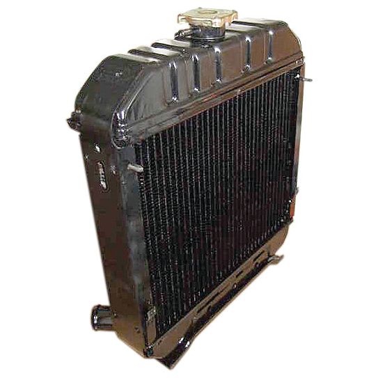 The Radiator - S.67822 by Sparex is a black metal automotive radiator with a light-colored radiator cap on top and ribbed cooling fins on the front, designed with an optimized overall height and width for perfect vehicle fit.