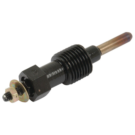 A close-up image of the Glow Plug - S.67824 from Sparex, showcasing its black body with a metal tip and threaded end, complete with a Sparex washer and nut.