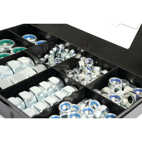 A plastic organizer box containing assorted Sparex hex nuts, including M6 - 20x1.00 - 2.50mm (DIN 985) metric self-locking varieties, some with blue and green nylon inserts, all zinc-plated and separated into different compartments.