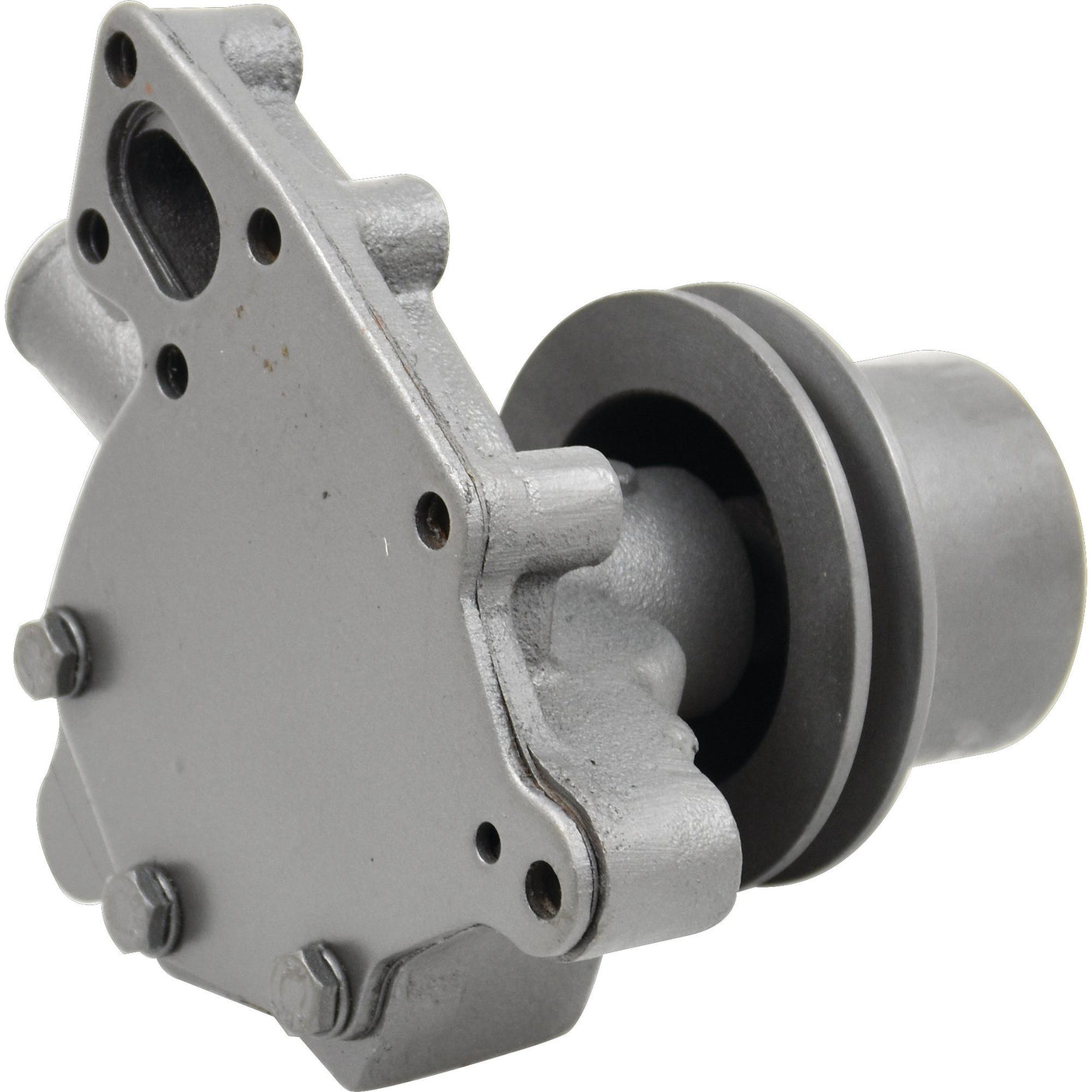 A metal automotive water pump assembly, supplied with a pulley and identified by Sparex Part No.S.67832, featuring a grey, multi-bolted casing and a cylindrical component on the side with a Sparex Impeller for enhanced efficiency.