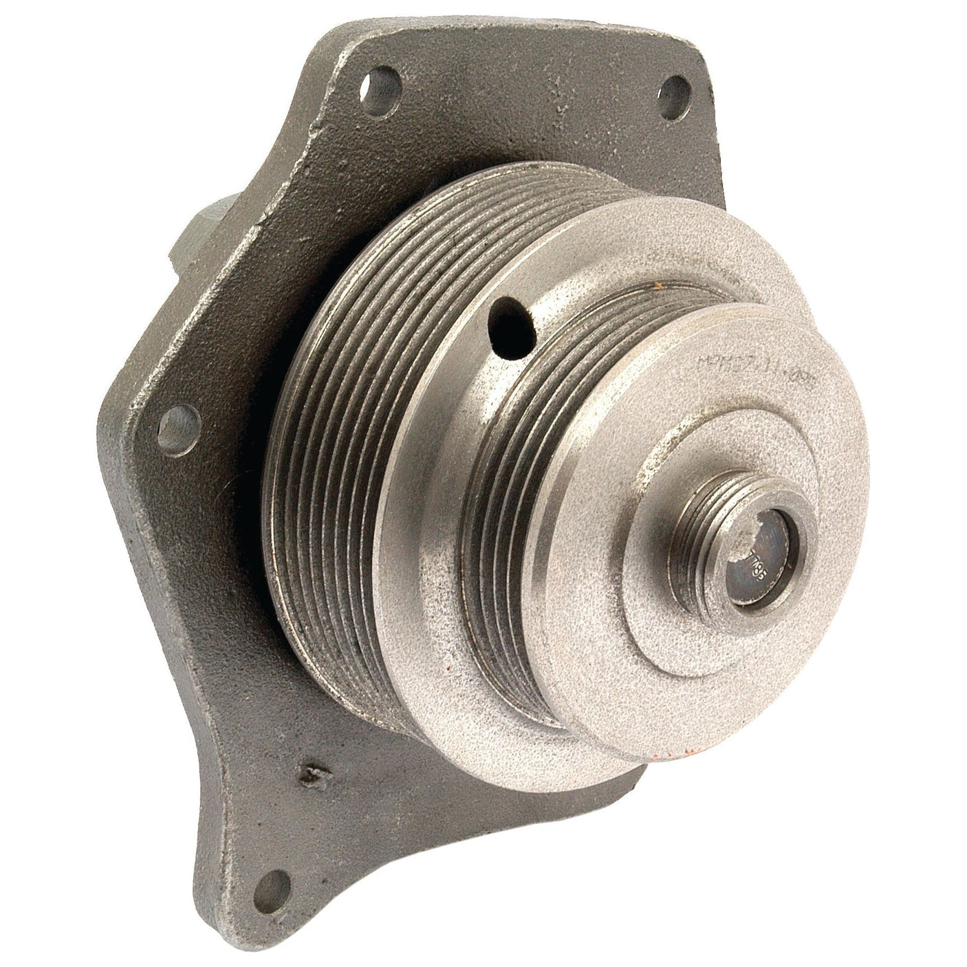 The Sparex Water Pump Assembly (Supplied with Pulley) - Part No. S.67894 is a metallic automotive component featuring a circular, threaded design and multiple bolt holes. Ideal for Case IH / International Harvester machinery, it acts as a Poly-Vee Pulley, ensuring precision and reliability in every use.