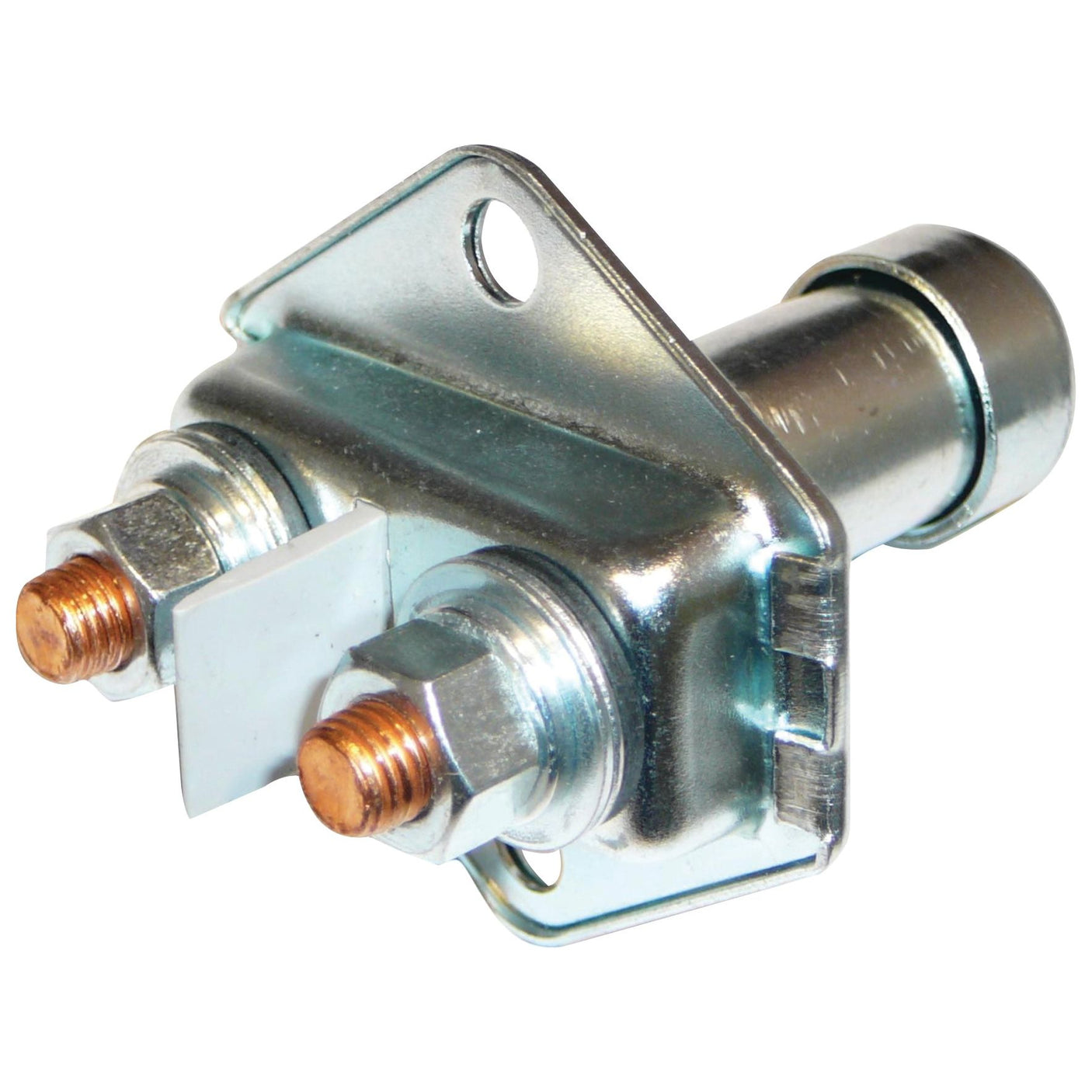 Close-up image of the SWITCH STARTER B7392A SWITCH S (Sparex Part No.S.67908) with two copper terminals, a metal bracket for mounting, and designed for use in White Oliver or Massey Ferguson machinery by Sparex.