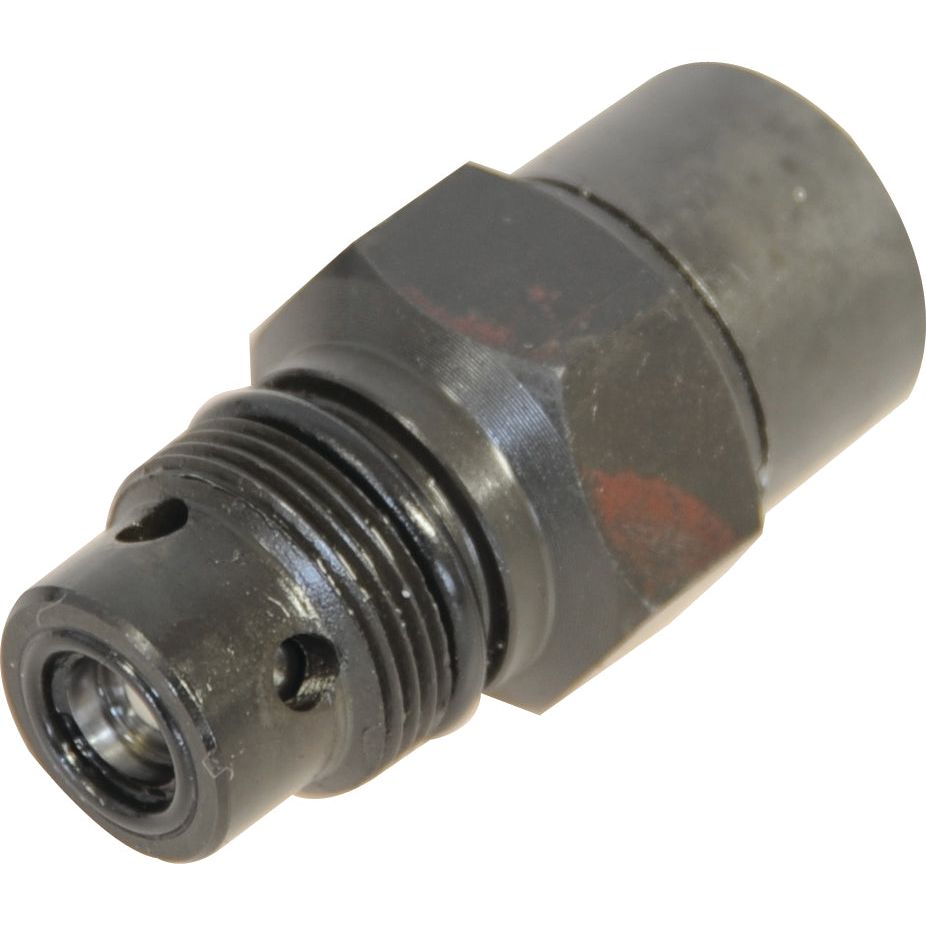 A close-up of the Hydraulic Relief Valve (Sparex Part No. S.67909) with a hexagonal body and threaded ends, used for fluid connections in machinery such as tractors, showcasing the precision engineering of Sparex components.