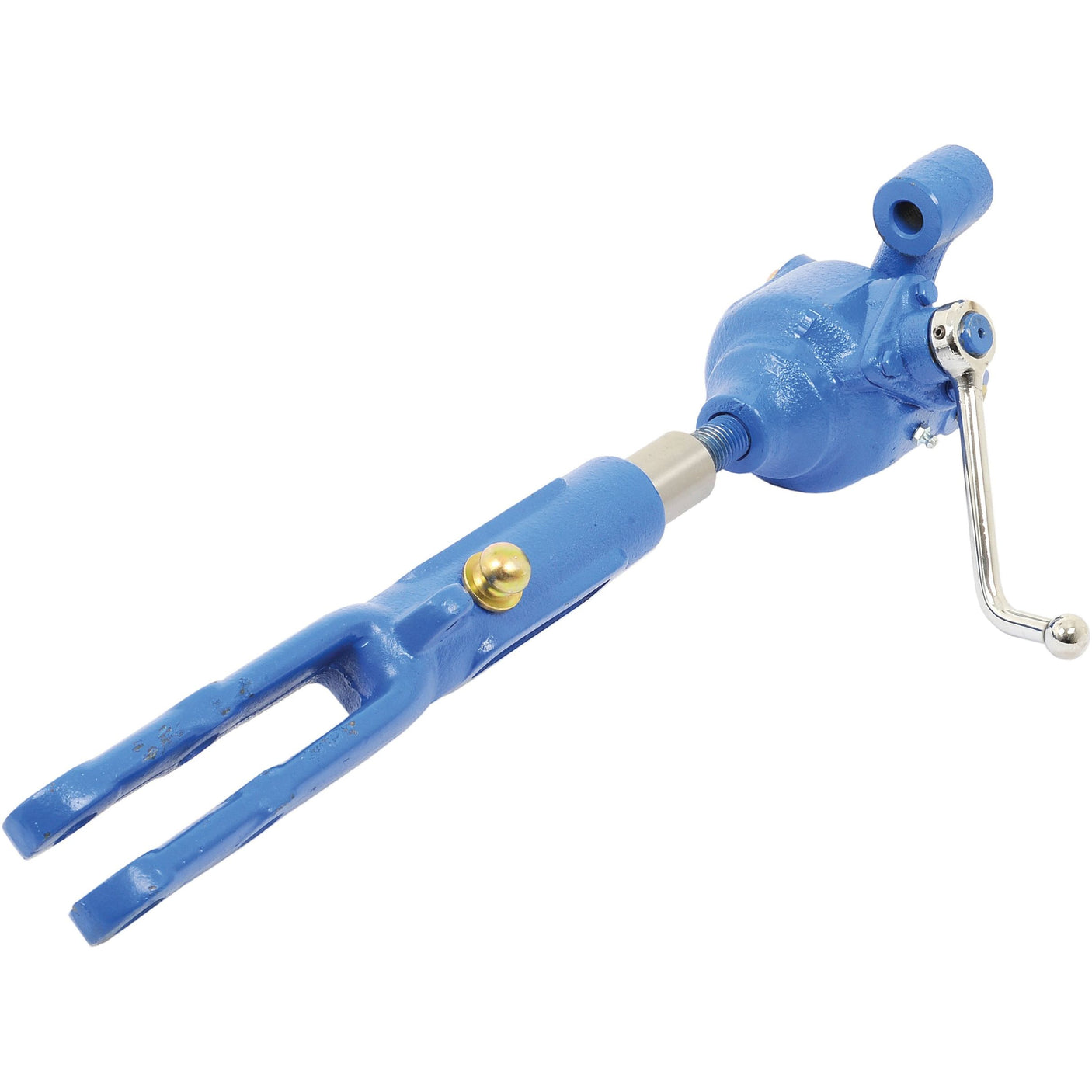 A blue agricultural tool featuring a crank handle and a prong attachment, reminiscent of the sturdy design seen in Ford POWER MAJOR or New Holland equipment, the Sparex Levelling Box Assembly - Min. Length (Sparex Part No. S.67913) exemplifies superior functionality and durability.
