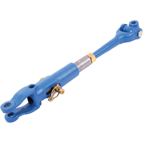 A blue Levelling Box Assembly by Sparex, featuring adjustment components and attachment points on both ends, with a knuckle diameter of 16mm and fork hole diameter of 19mm, is compatible with New Holland parts.