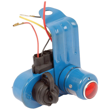 A blue, compact polycarbonate electrical component branded as Sparex Number Plate Light (Halogen), 12V, RH & LH - S.67915, featuring a red button along with several wires and connectors attached.