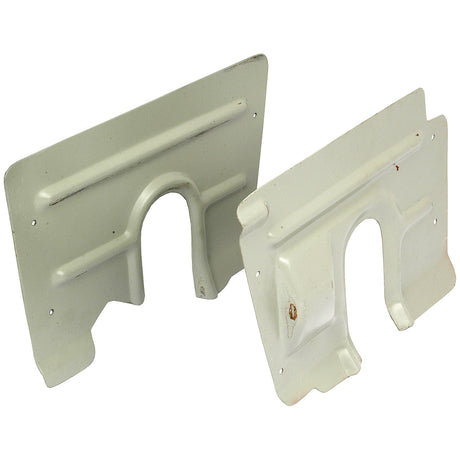 Two light beige metal brackets with cut-out sections and multiple screw holes, positioned at an angle to each other, ideal for use with Massey Ferguson tractors. Product: Steering Box Cover | Sparex Part No. S.67916 by Sparex.