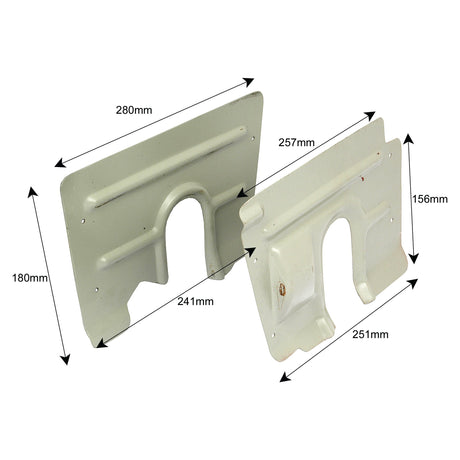 Two Sparex Steering Box Cover brackets, part no. S.67916, feature curved cutouts and precise measurements ideal for Massey Ferguson. The left bracket measures 280mm x 180mm with a 241mm cutout, while the right bracket measures 257mm x 156mm with a 251mm cutout. Measurements are clearly marked with arrows for accuracy.