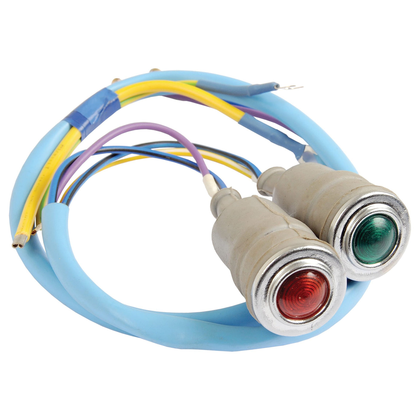 The Dashboard Panel Lights (Sparex Part No. S.67922) by Sparex features a bundle of blue, yellow, and purple electrical wires connected to two indicator lights—one red and one green—that are compatible with Massey Ferguson and Ford / New Holland equipment.