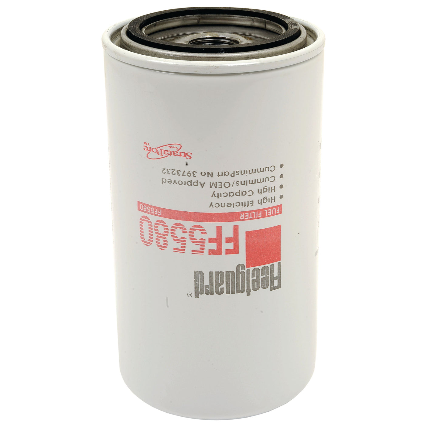 A white Sparex FF5580 spin-on fuel filter, featuring the Sparex logo and text in black and red, expertly crafted to remove contaminants from fuel in engines.