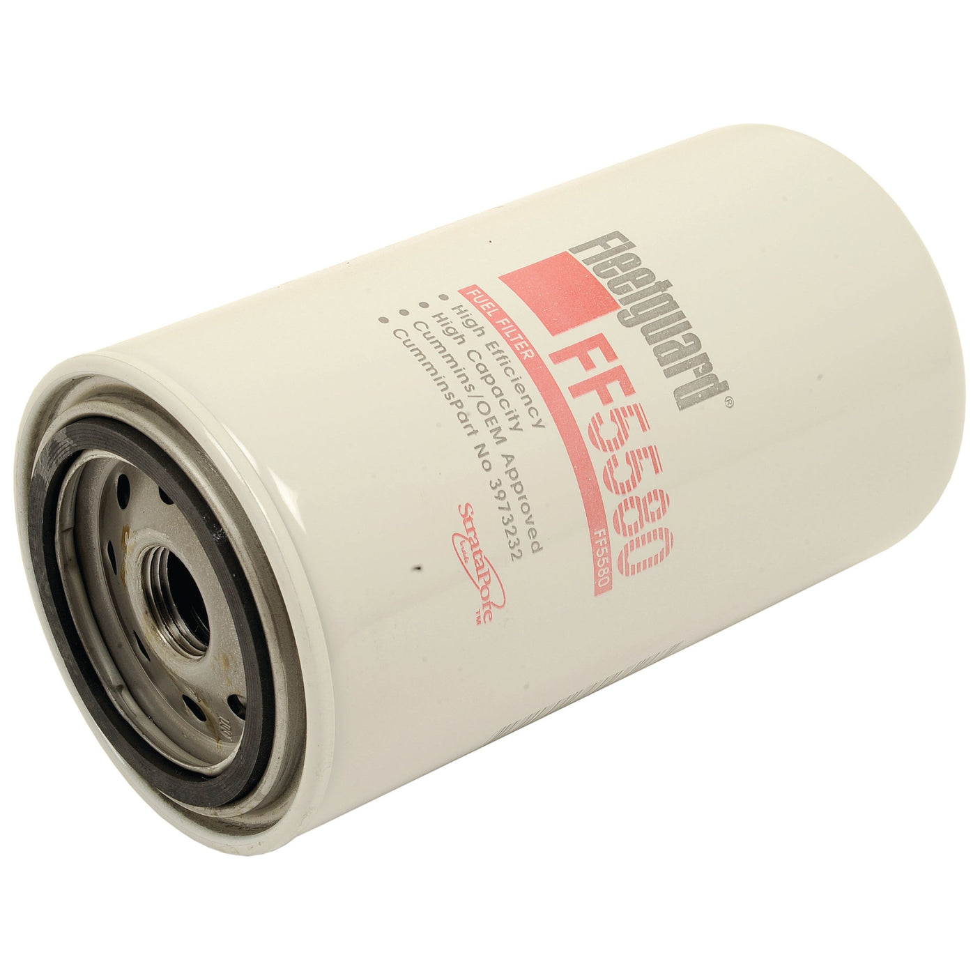 A cylindrical white oil filter with the label "Sparex FF5580" printed on it in red and black text, angled slightly to the right. This Fuel Filter - Spin On ensures efficient performance and easy maintenance.