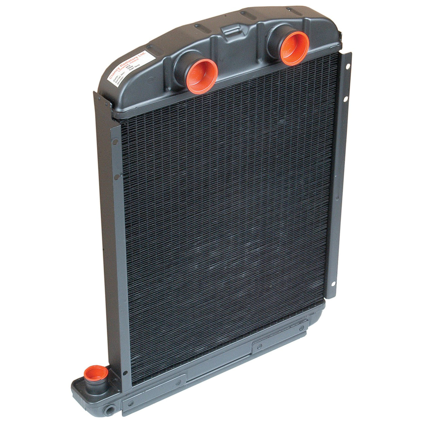 Image of a large rectangular automotive radiator (Radiator - S.67949) by Sparex, featuring black cooling fins, red caps on the inlet and outlet, and efficient 3-row coolers.