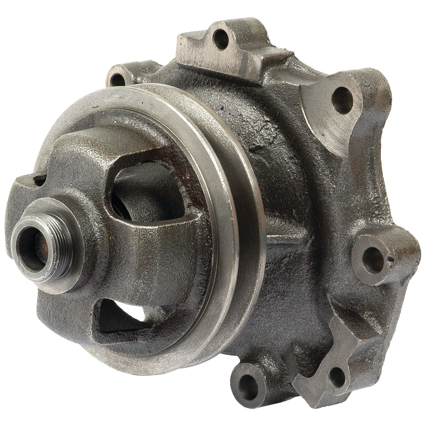 A close-up image of a mechanical metal component, possibly part of an engine, showcasing flanges, threaded holes, and what appears to be a Water Pump Assembly (Supplied with Pulley) - S.67951 by Sparex.