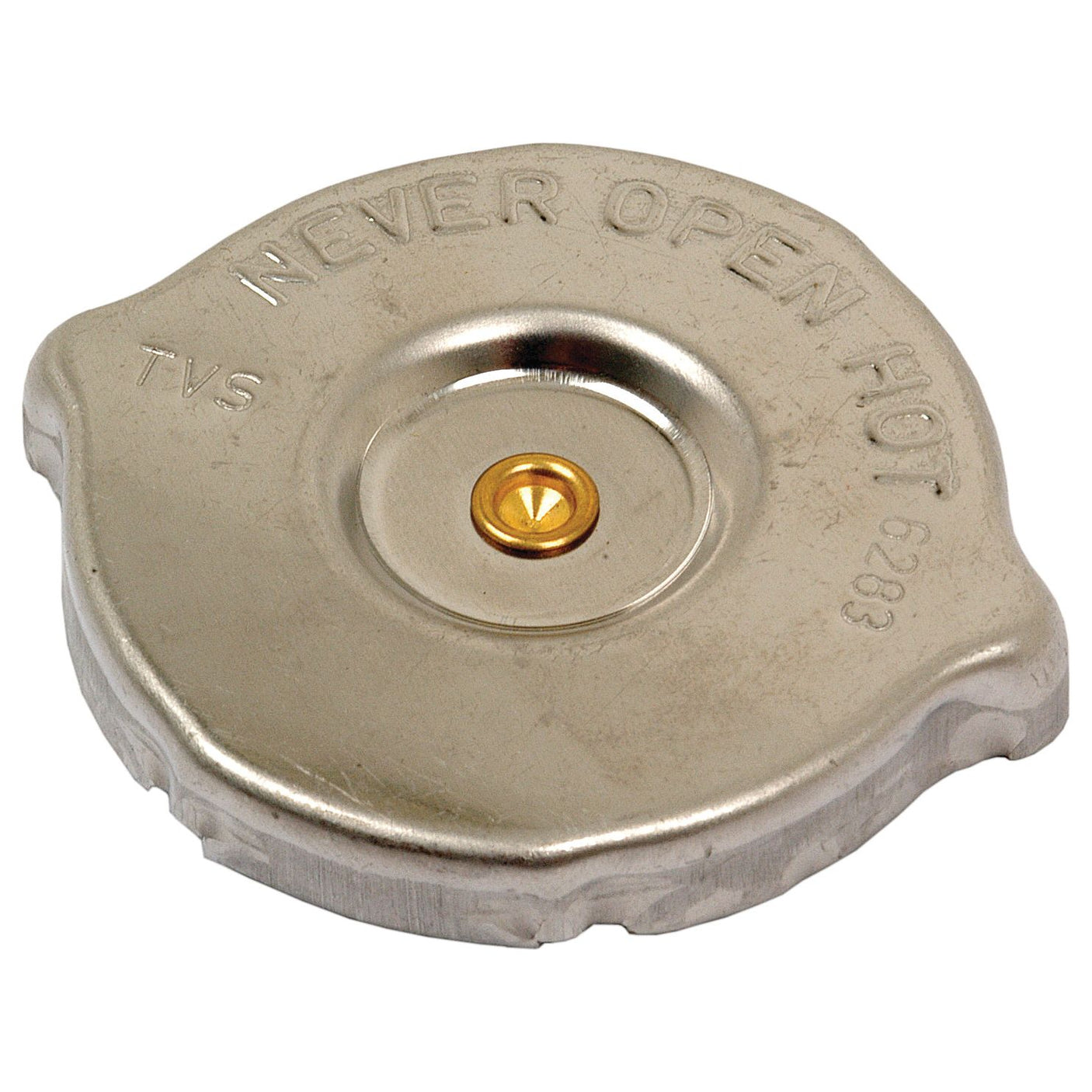 The Radiator Cap - S.67953 by Sparex is a metal, pressure-resistant cap featuring an engraved warning "NEVER OPEN HOT." It has a circular shape with a small, central valve and is expertly crafted.