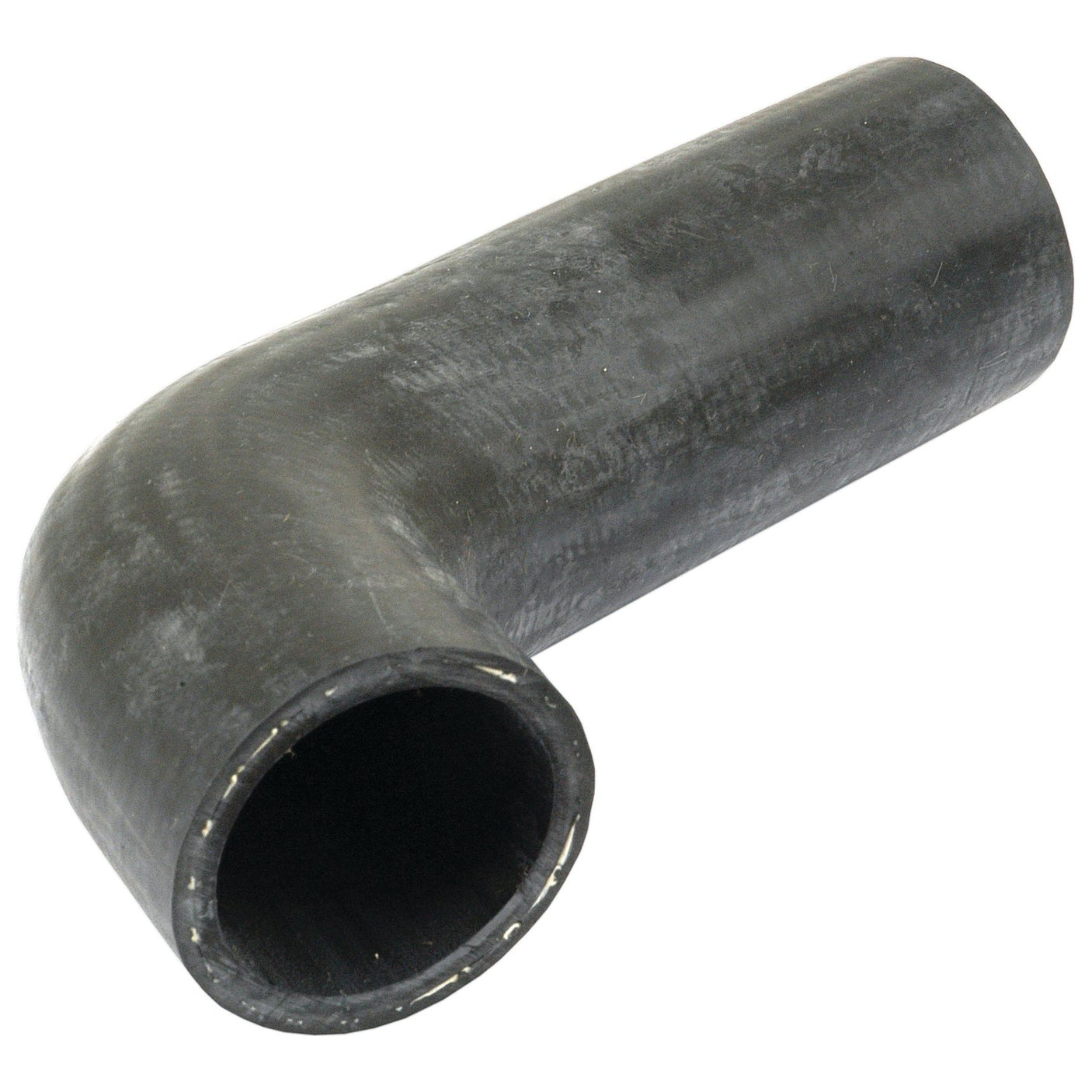 A black, 90-degree elbow pipe with a matte finish, designed for connecting sections of tubing at right angles, and can be securely fastened using a Sparex Top Hose (Inner Ø of Hose Smaller End: 42mm, Inner Ø of Hose Bigger End: 42mm | Sparex Part No. S.67958).