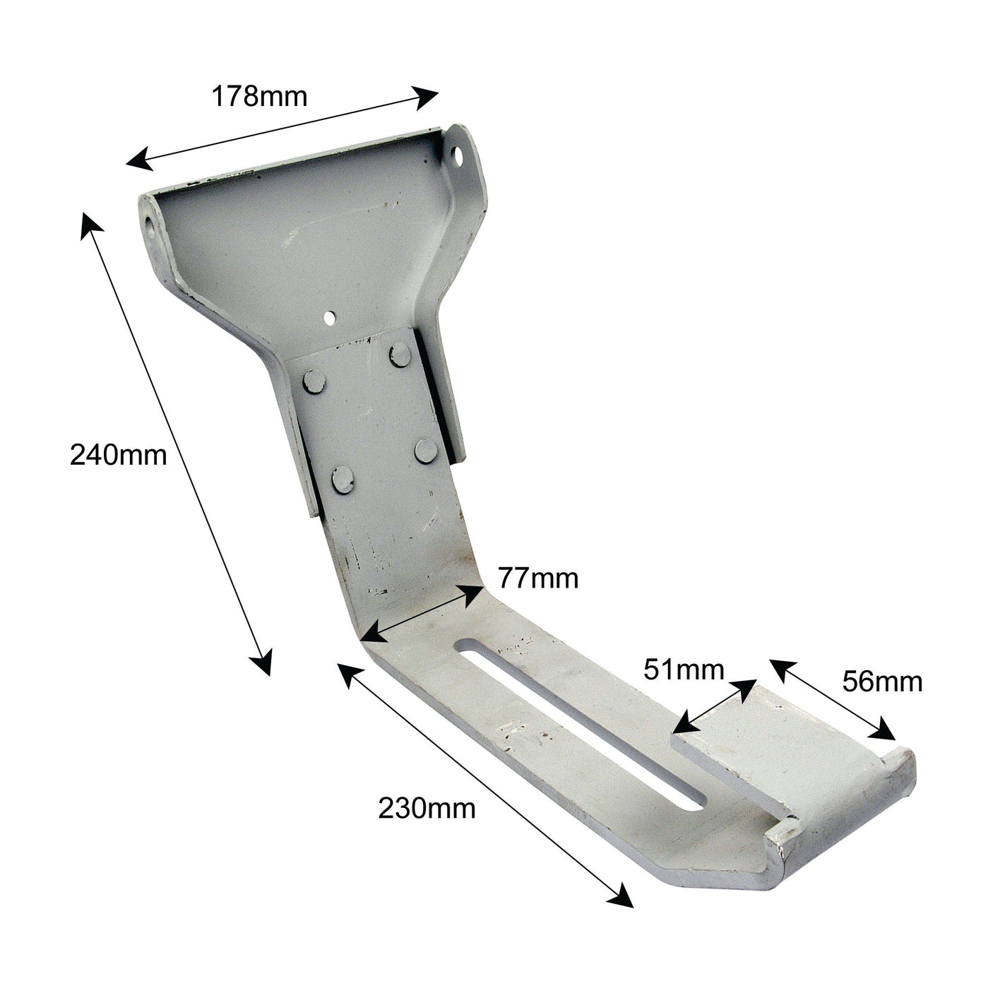 Sparex Part No.S.67971, the Seat Bracket by Sparex, is a gray metal bracket featuring precise measurements of 178mm, 240mm, 230mm, 77mm, 51mm, and 56mm. This original design fits perfectly with the Dexta seat on Ford / New Holland models.