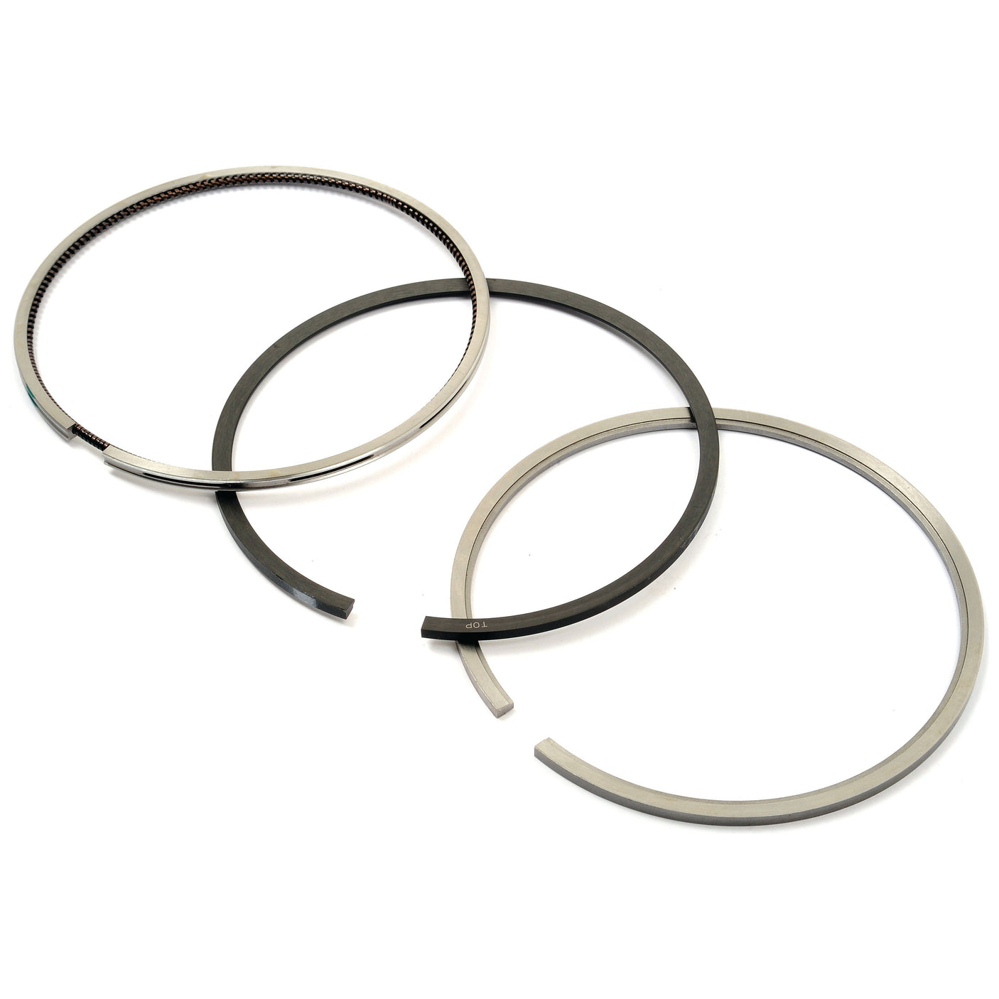 Three piston rings, including a Chrome Plated Top Ring, from the Piston Ring and Liner Kit | Sparex Part No.S.67976 by Sparex, are displayed against a plain white background.