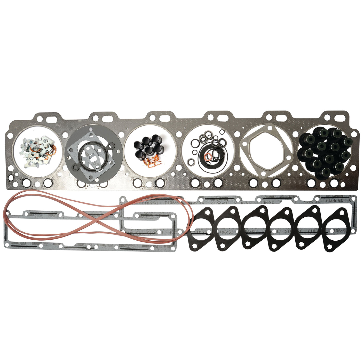 A set of Top Gasket Set - 6 Cyl. (8.3, 6C, 6CT, 6CTA, 6CTAS) components including gaskets, seals, bolts, and washers for a Cummins Engine arranged neatly on a white background. The product is identified by Sparex Part No.S.67980 from the brand Sparex.