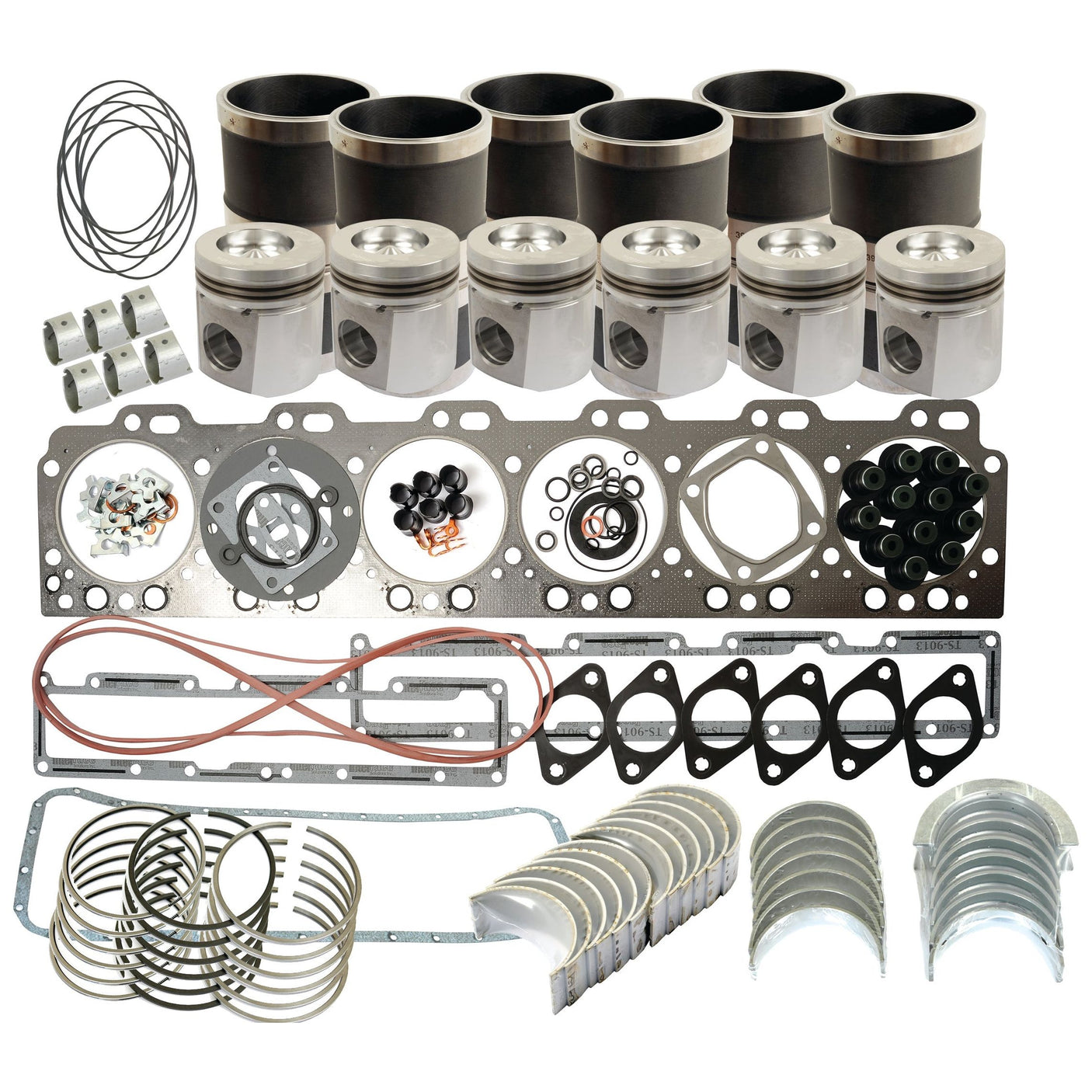 Product Data Features:
- Contains pistons, gaskets, rings, bearings, and seals
- Excludes valve train components
- Model number: S.67982

Rewritten Sentence: 
The Sparex Engine Overhaul Kit without Valve Train (Finished), model S.67982, comes fully stocked with an array of essential components including pistons, gaskets, rings, bearings, and seals—all meticulously organized for a comprehensive engine rebuild.