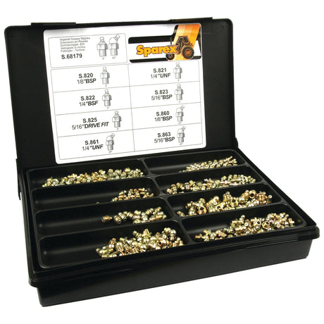 The Sparex Grease Nipples - Imperial (Compak - 280 pcs.) set, part number S.68012, comes in a black plastic storage case containing various types of brass fittings, including 1/8'' BSP and 5/16'' BSF sizes. Inside the lid, you'll find a Sparex specification chart for easy reference.