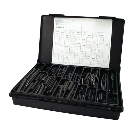 A black plastic case from the brand Sparex, containing 346 pieces of Imperial Roll Pins in various sizes ranging from Ø5/64'' to Ø1/2'', with a reference chart on the inside of the lid (Product Name: Imperial Roll Pins - 5/64'' - 1/2'', Compak, S.68014) and adhering to DIN standard no. 1481.